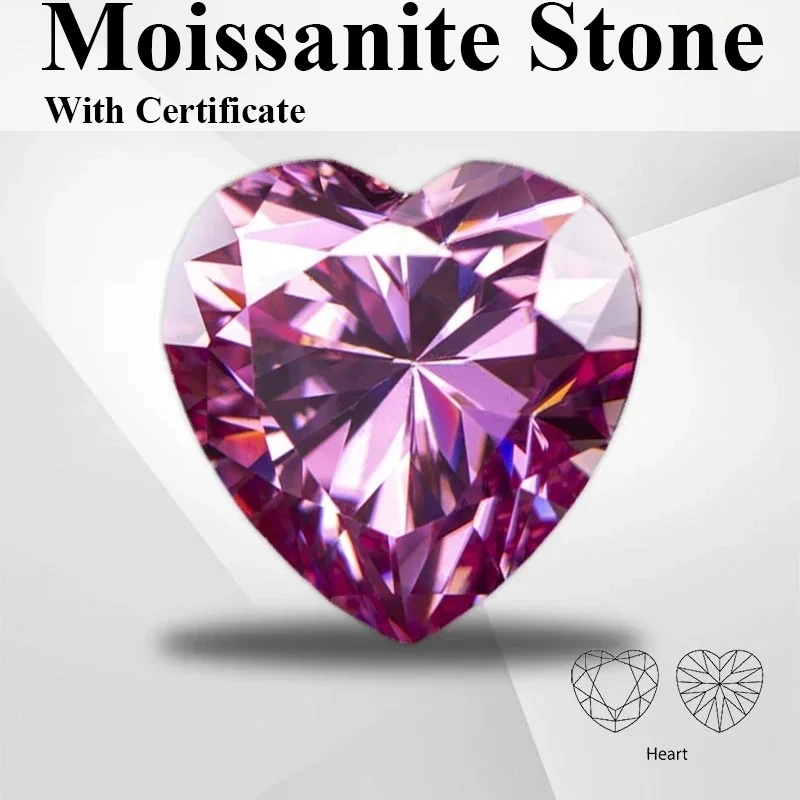 

Moissanite Stone Heart Shape Pink Color VVS1 with Certificate for Pass Diamond Tester Charms Top Jewelry Making Material