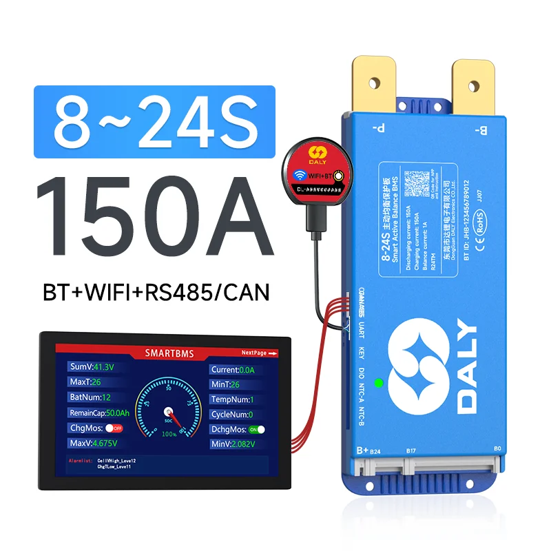 DALY Smart bms 4S 12V 8S 24V 16S 48V 100A 150A 200A LiFePo4 Actieve Balans BMS voor lithiumbatterij met LCD RS485 UART BT WIFI