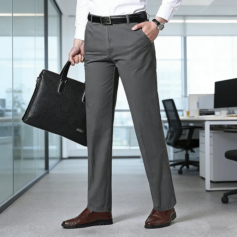 Men's Office-Ready 100% Cotton Business Pants Casual Autumn Thickened Summer Thin Solid Color Quick-Drying Work Trousers KOACUS