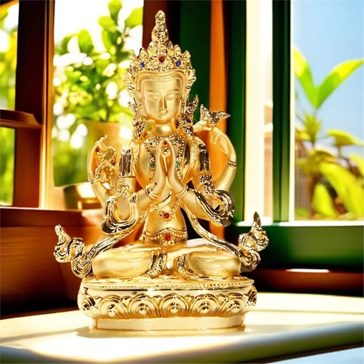 

Позолоченные буддийские поставщики из сплава металла, Бодхисаттва Авалокитешвара, тибетская фигурка Гуаньинь с четырьмя оружиями, статуя Будды