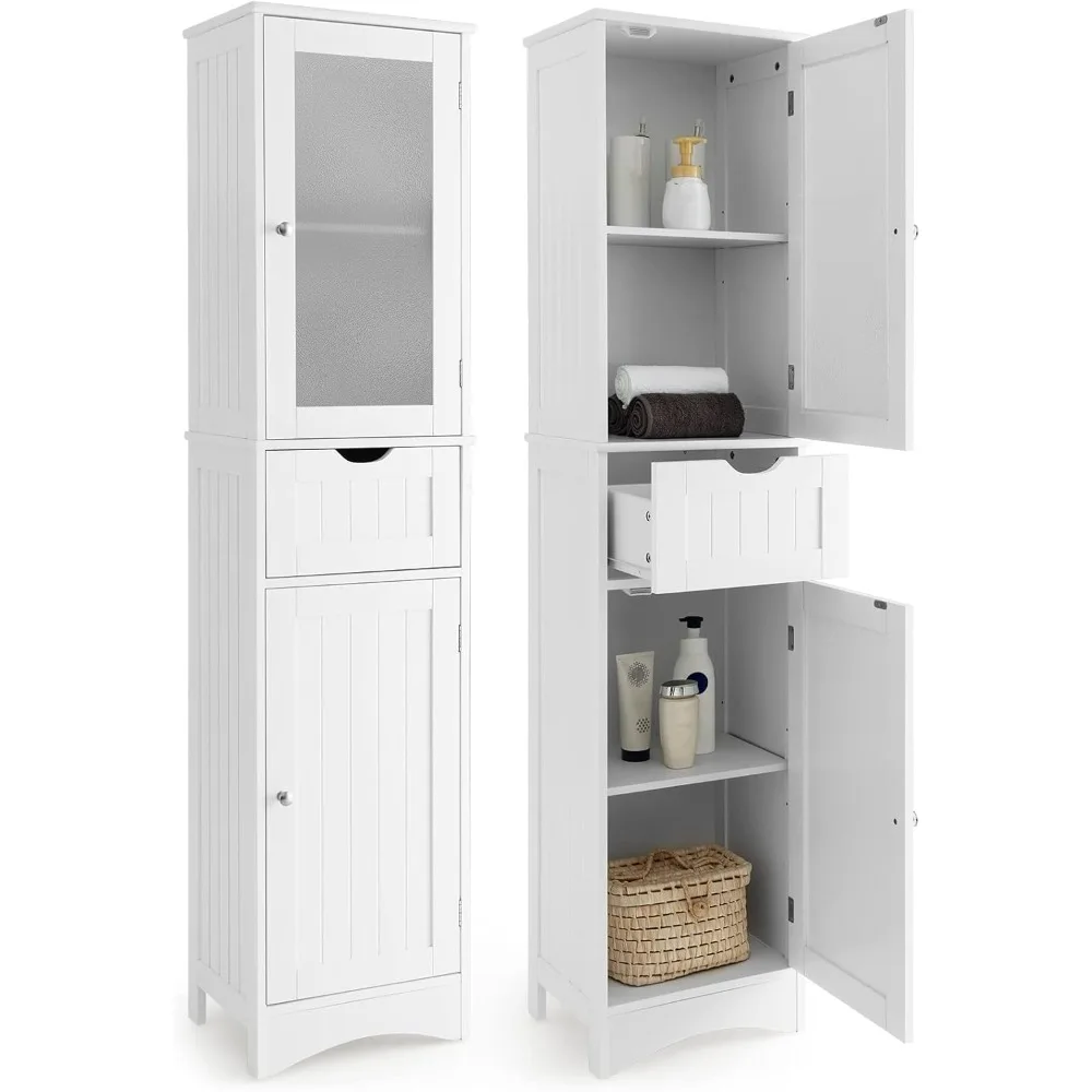 

67” Tall Bathroom Storage Cabinet with 2 Doors & 1 Drawer, Modern Floor Cabinet with Adjustable Shelves & Frosted Glass Doo