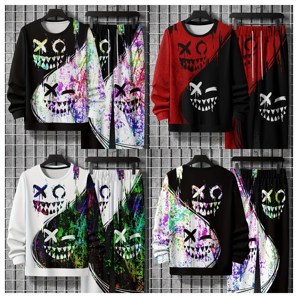 

Sweatshirt Men Color Block Smile Print Cool Hoodie Y2k Shirt Jumper Kangaroo Pocket Long Sleeve Top Men's Set