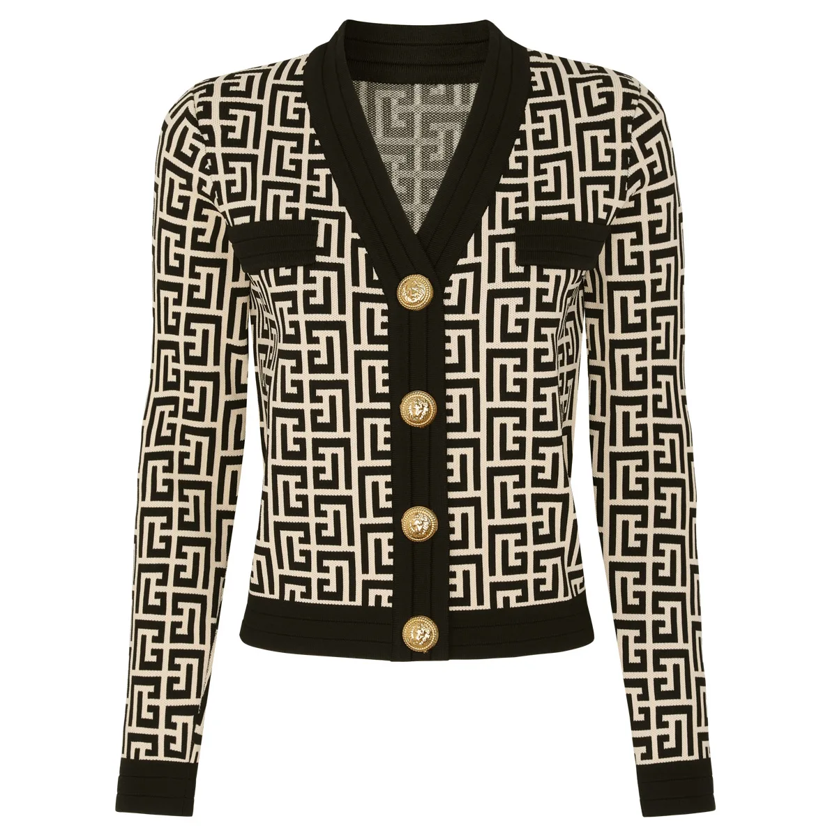ZJYT Autunno Inverno Nuovi motivi geometrici Cardigan con scollo a V Maglioni Manica lunga Vintage Top Elastico in vita Pantaloni a gamba larga