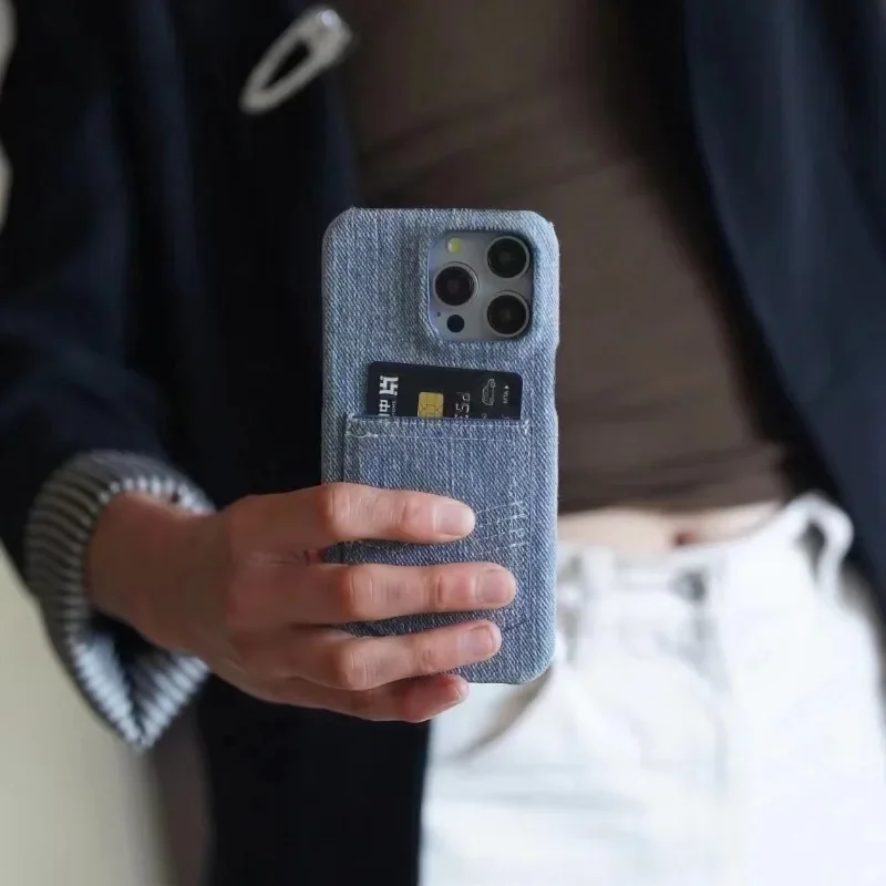 Fashionable denim card bag style case Suitable for iPhone 15 14 13 12 promax full coverage micropyle hole hard case phone cases