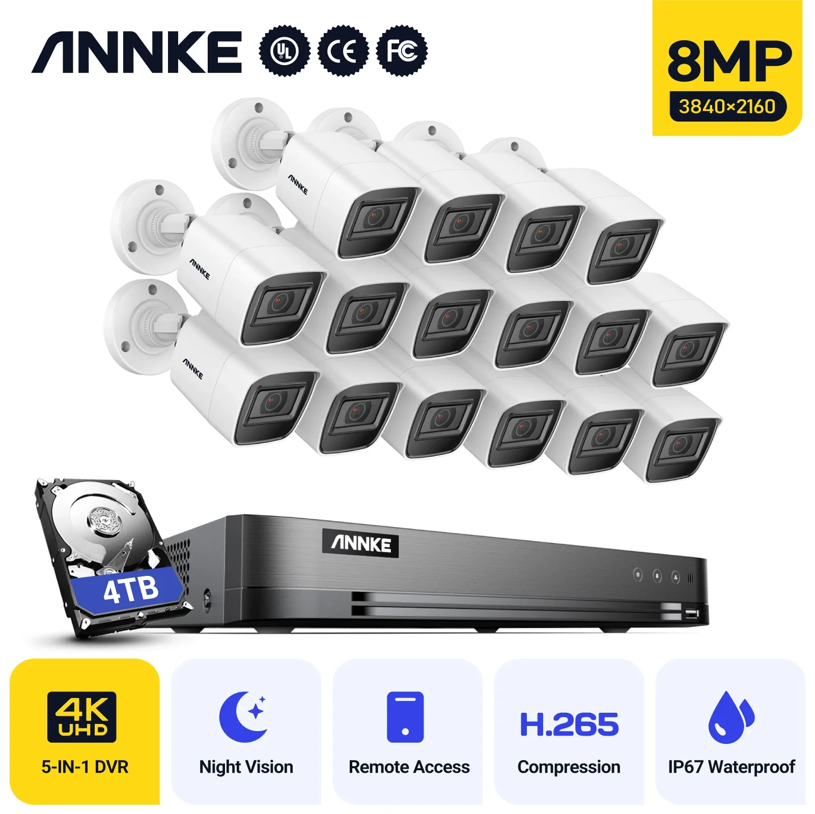 ANNKE 4K Ultra HD 16CH DVR Security Camera System with 8PCS Full Color Night Vision Home Outdoor Indoor CCTV Surveillance Kit