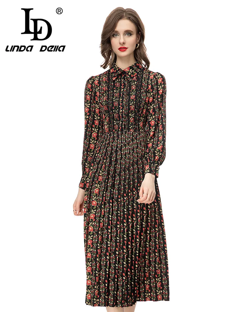 LD LINDA DELLA 2024 Autunno Vintage Fashion Dress Donna Splice manica lunga Cintura monopetto lungo Bouffant Abito floreale