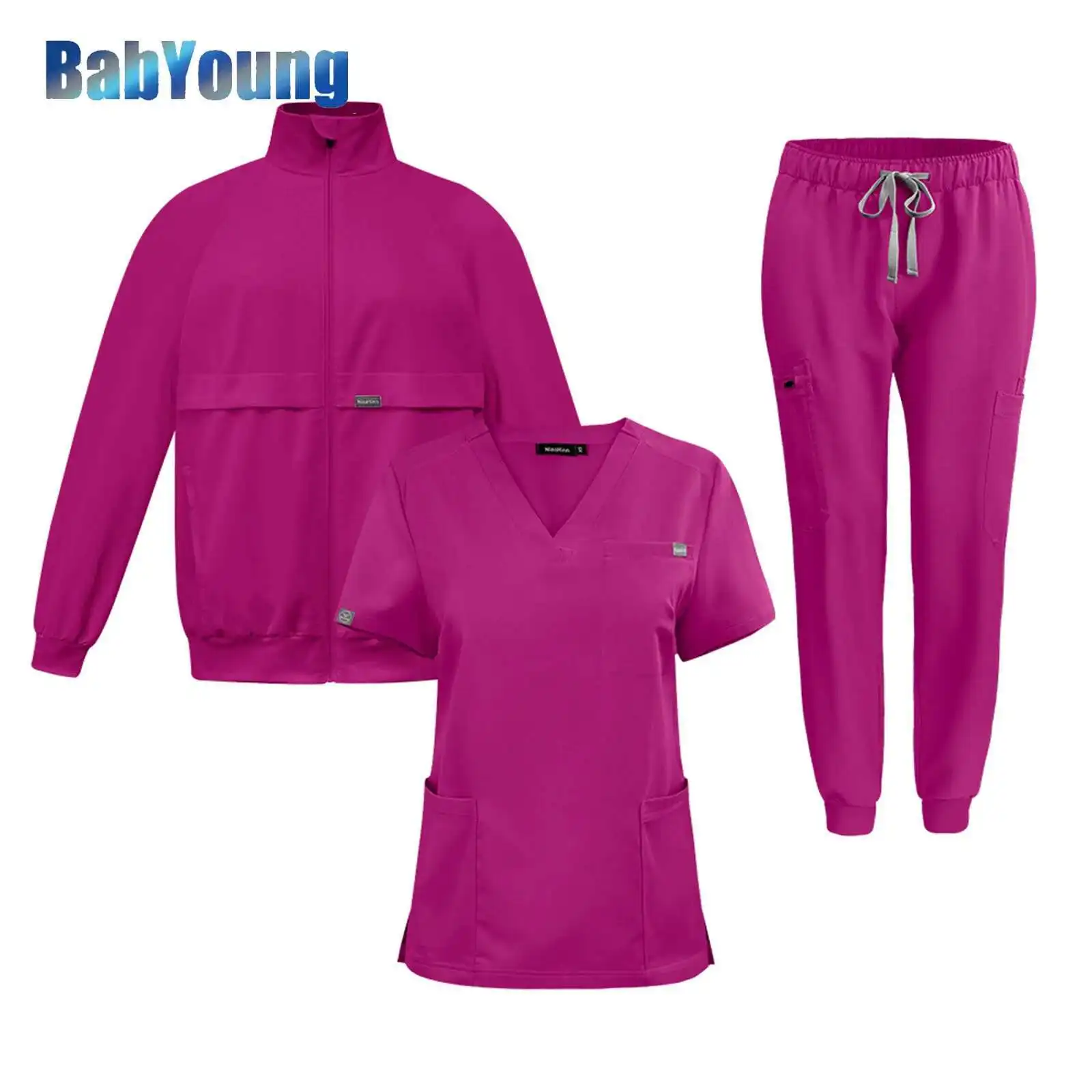 Unisex 3-delige set Scrubpakken Arts Verpleegkundige Werktop Uniform Bodems Eenvoudig Meer Zakken Tandheelkundige Scrubs Broek SPA Verpleging