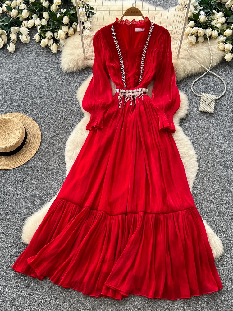 

Elegant V-neck Lantern Sleeve Beaded Dress Women's Spring Slimming A-line Long Skirt Korean Style Gathered Waist City Commuting