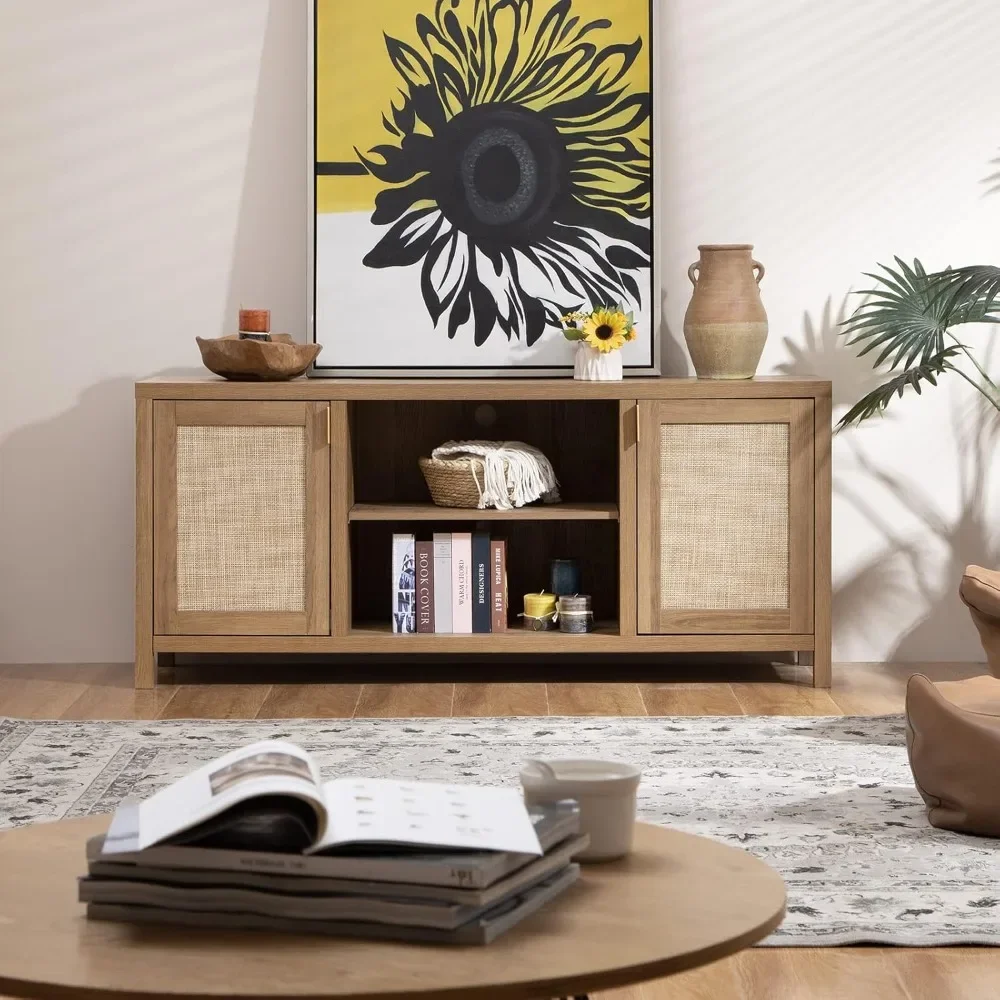 Porta TV per soggiorno: mobile consolle TV in Rattan con contenitore e ripiano, centro di intrattenimento Boho, Console multimediale da 59 "per 55