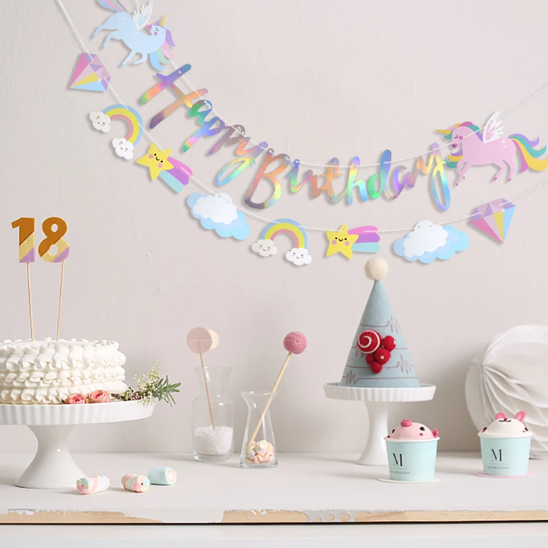 Unicorn Party Happy Birthday Paper Banner Hanging Garland Flag Unicorn Theme Kids 1st Birthday Party Decorations Baby Shower