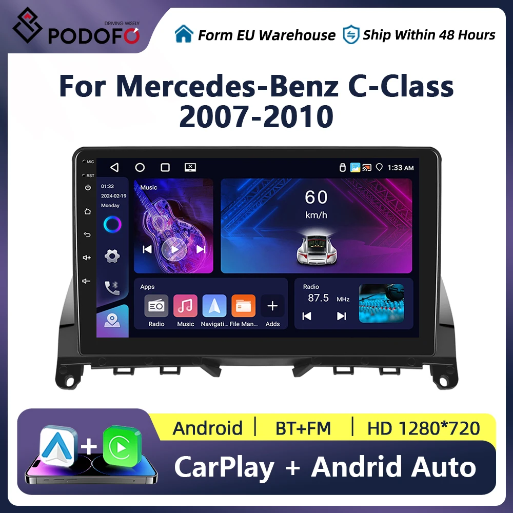 Podofo For Mercedes Benz C-Class W204 S204 2007-2010 Android 2 Din Car Radio Multimedia Player AutoStereo Navigation GPS