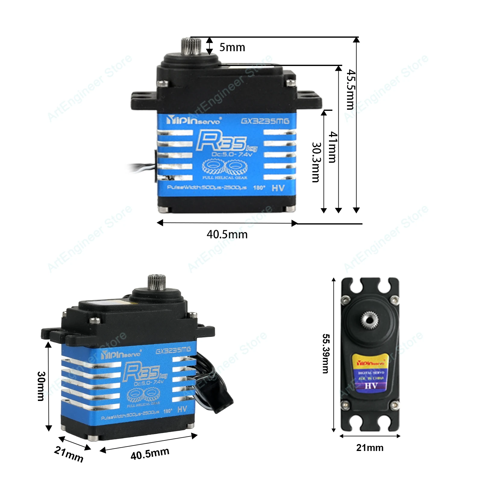 Servo digitale a coppia elevata da 35 kg con ingranaggio in metallo, controllo da 180 gradi, 5,0-7,4 V, barca robot per auto RC, blu YP3235SMG