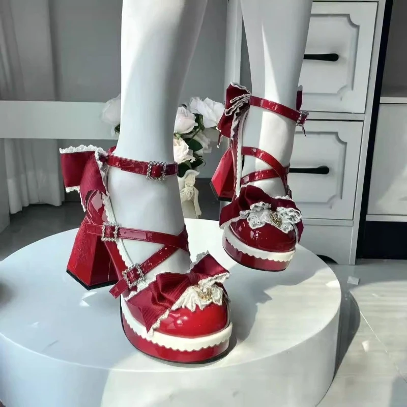 Japanese Kawaii Lolita Style High Heels Women Round Head Bow Lace Ruffles Patent Leather Mary Jane Shoes Harajuku Y2k Pink Pumps