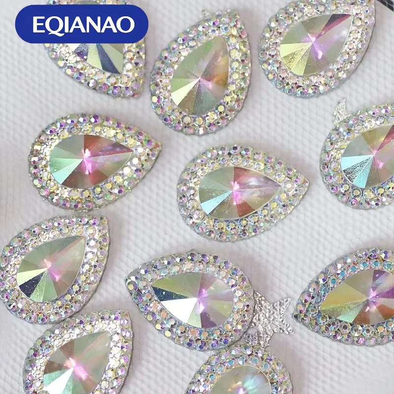 EQIANAO 100pcs AB Teardrop Rhinestone Applique Sparkly Crystal Embellishments Flatback Patches for DIY Hair Clips Clothing