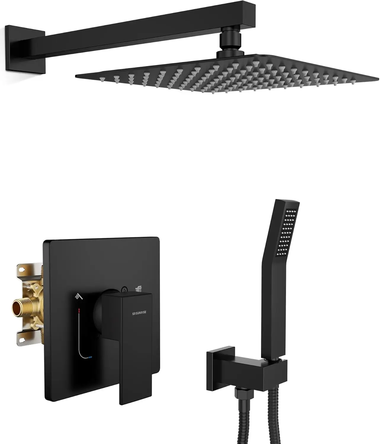 

10 Inch Rainfall Shower Head & Handle Set, Wall Mounted Matte Black Bathroom Faucet