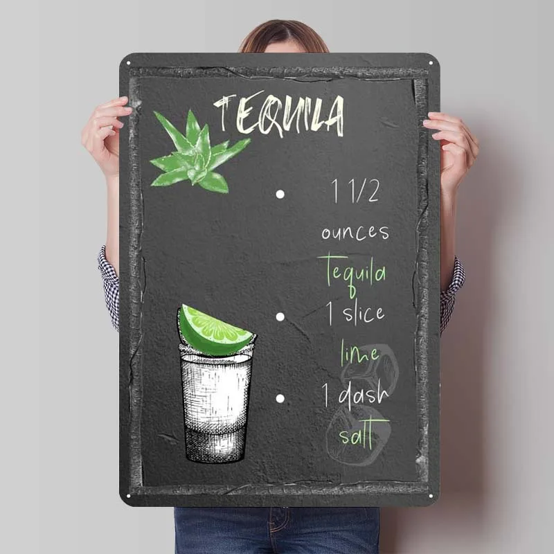 TEQUILA Cocktail Recipe Metal Sign Food Poster Art Mural Tinplaque Sign for Dining Bar Home Kitchen Wall Art Decoration Retro