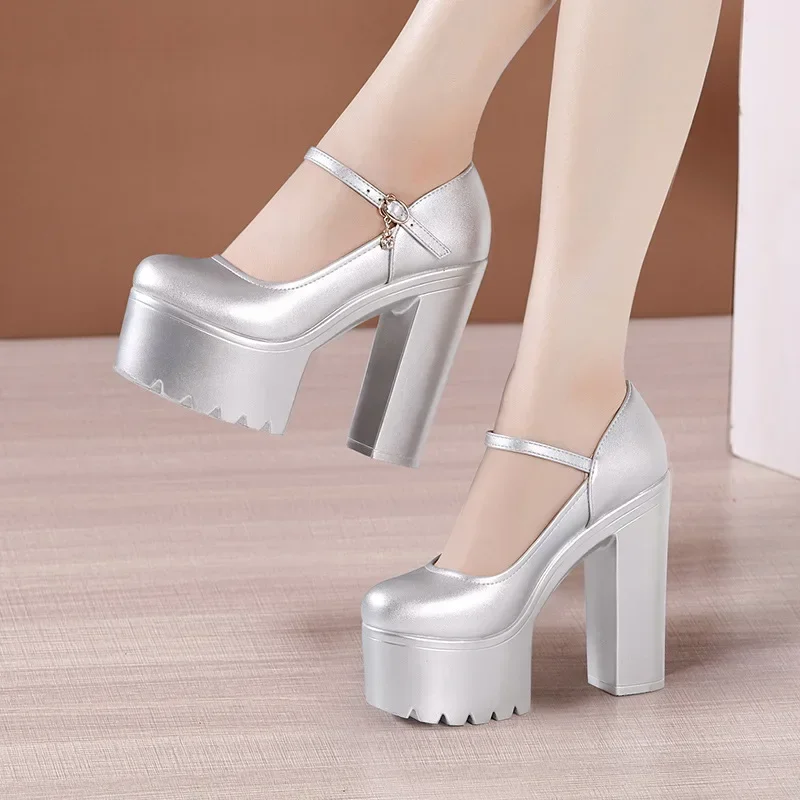 

15cm Small Size 32-43 Thick Bottom Chunky Platform Pumps Silver White Wedding Shoes Woman 2024 Block Super High Heels Shoe Model