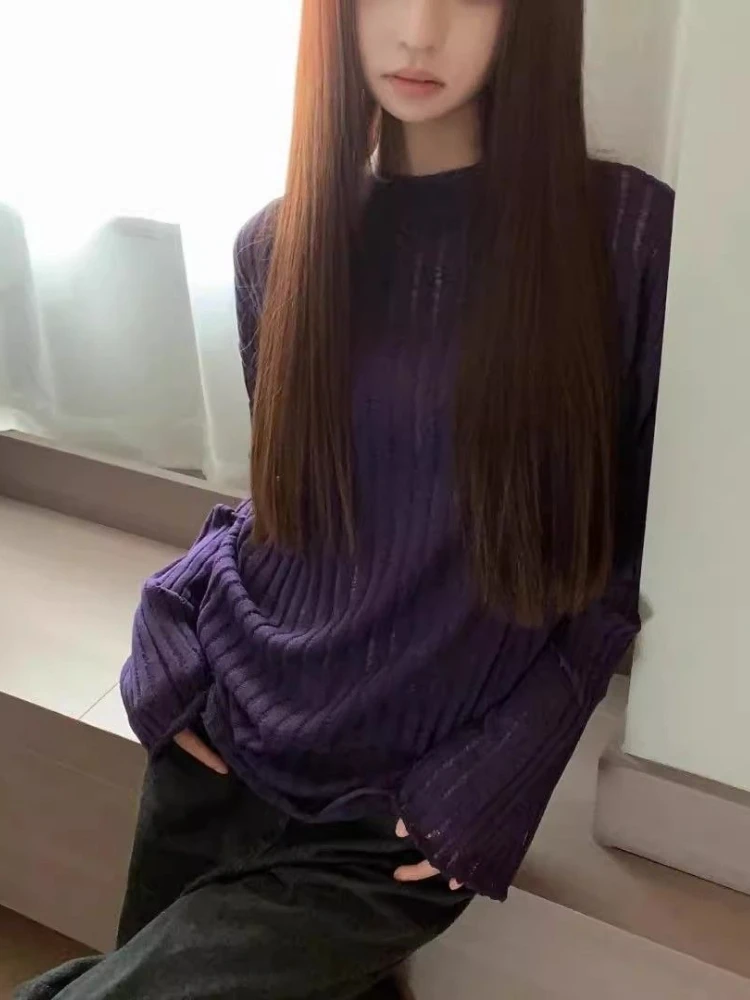 

Уличная одежда 2025 года, винтажные фиолетовые осенние свитера Harajuku, джемперы с расклешенными рукавами в стиле гранж, свободные вязаные женские пуловеры с вырезами