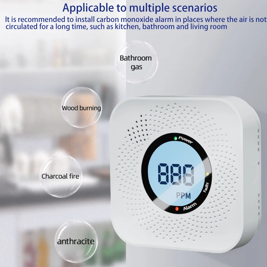 PGST مستشعر إنذار CO مستقل عالي الحساسية كاشف إنذار أول أكسيد الكربون المنزلي 85dB تحذير شاشة LCD كهروضوئية