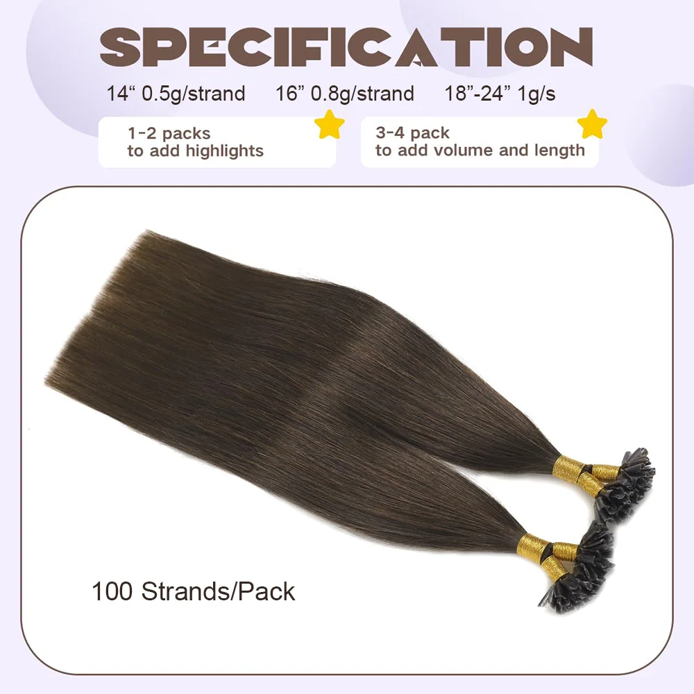 Straight U Tip Hair Extensions Human Hair #2 Dark Brown Human Hair Remy U Tip Human Hair Extensions 100 Strands/Pack Nail Hair