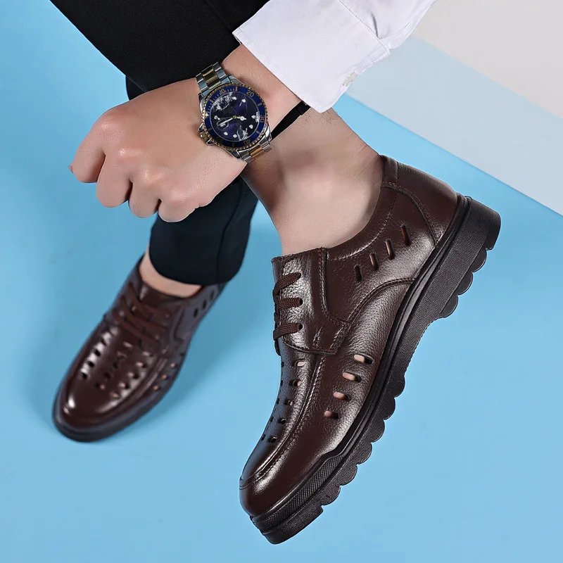 Cowhide Top Leather Shoes for Men 2023 Spring Summer Autumn 2023 Men's Sandals Leather Hollowed Out Breathable Dad Shoes Male