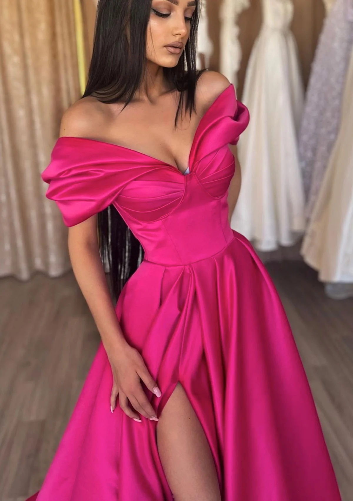 Luxury Off The Shoulder Evening Dresses Woman's A Line Sexy Side Slit Prom Dresses Smooth Satin Formal Party Elegant Vestidos