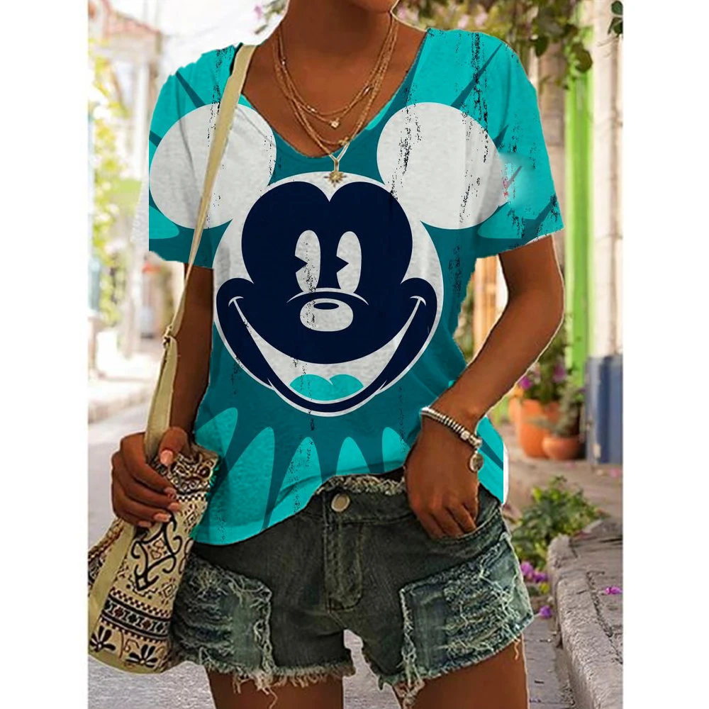 Dames Kleding V-Hals Korte Mouw T-Shirt Zomer Plus Size Kleding T-Shirt Leuke Mickey Mouse Top Cartoon Pullover Casual