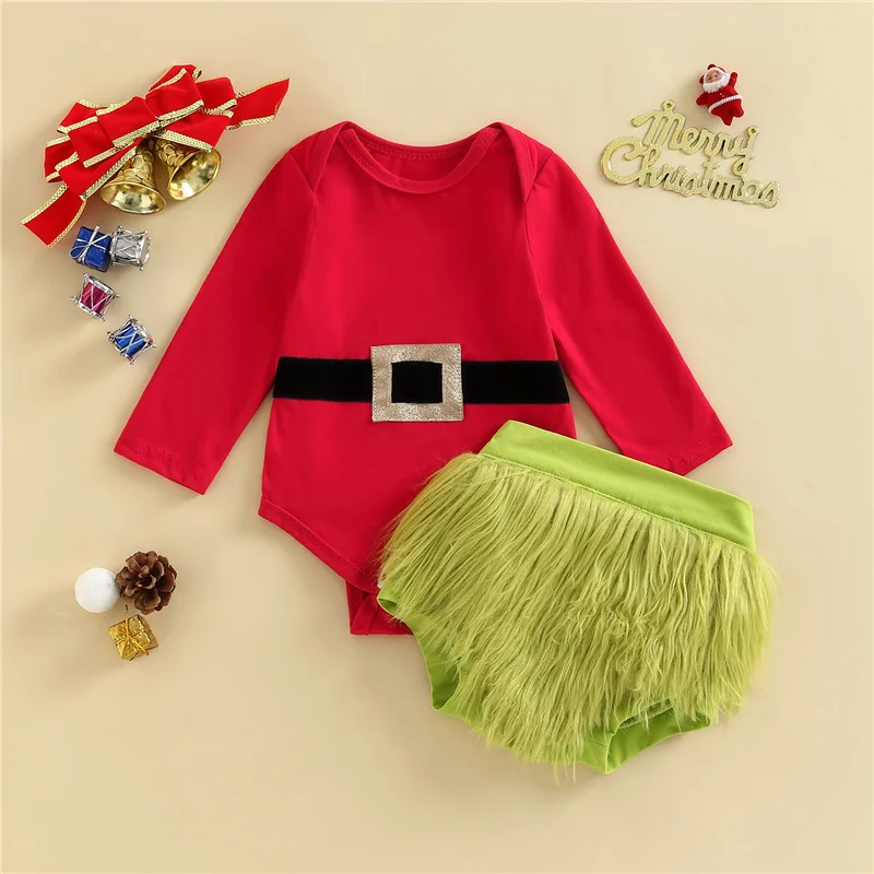 Baby Girls Christmas Romper Set, Long Sleeve Patchwork Romper with Elastic Waist Furry Shorts, 0-18Months