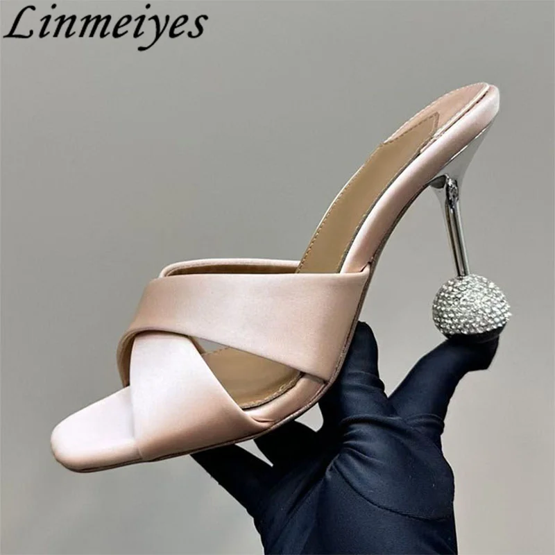 Luxury Crystal High Heels Slippers Women Satin Runway Shoes Woman Summer Slides Rhinestone Strange Style Heels Sandals Woman