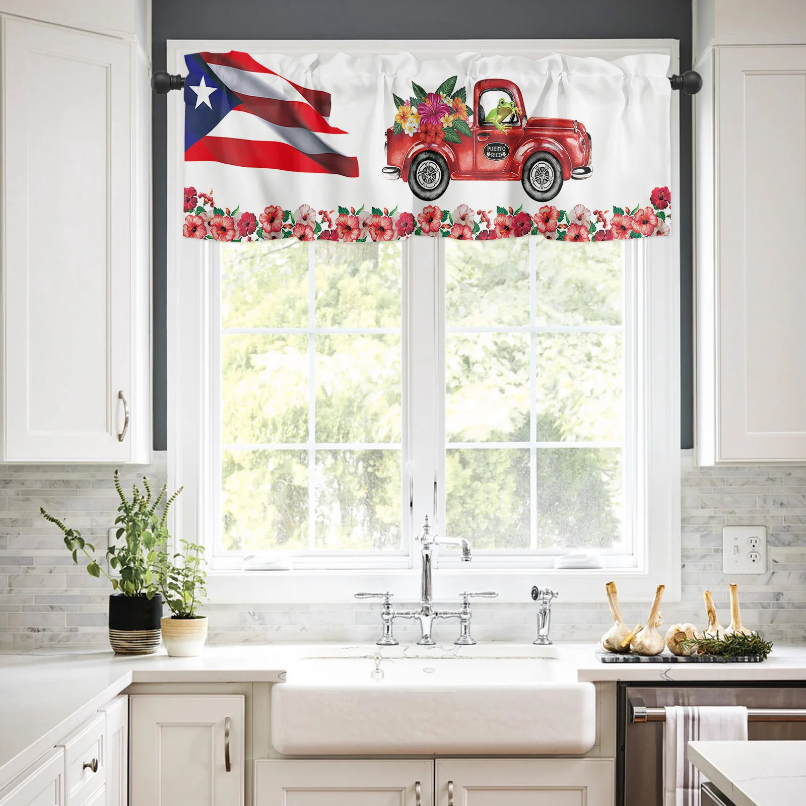 ZEDLIYU Valances for Windows Kitchen Living Room Small Window Valance Puerto Rico Vintage Red Car Hibiscus Frog Flag 1 Panel