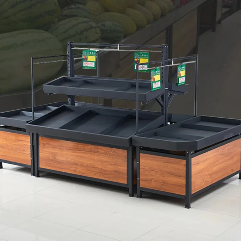 Supermarket fruit shelf vegetable shelf steel wood  fruit and vegetable fresh display multi-layer  Island