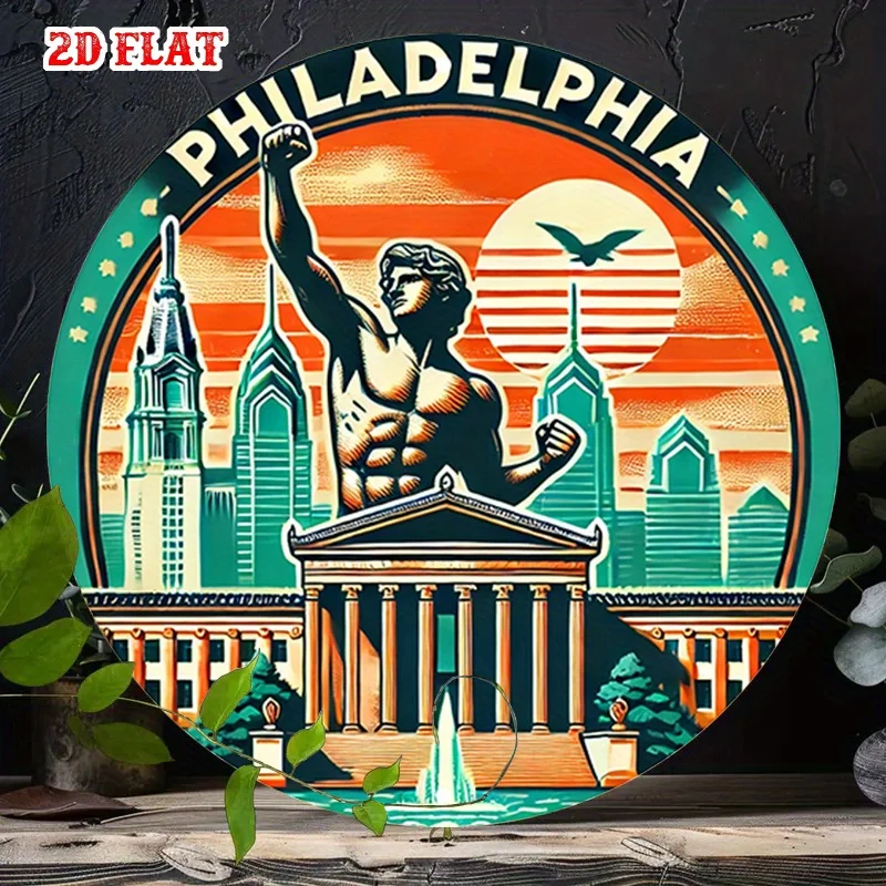 2D Flat - Aluminum Metal Sign Featuring a 2D Flat Sunset Scene, a Round Urban Statue Design, And a Cityscape Measuring