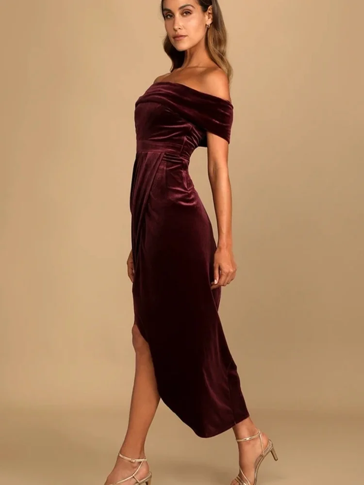 Wmstar Dress Women Wholesale One Piece Fancy Club Velvet 2026 New Style Elegant Refined One Shoulder Slit Evening Gown Fancy