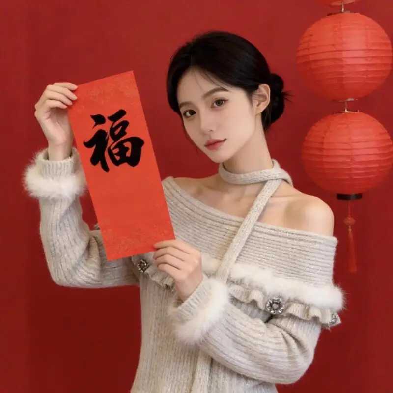 Autunno e inverno nuova ragazza peluche splicing maglione con spalle scoperte moda donna appeso al collo cinturino maglione lavorato a maglia top eleganti