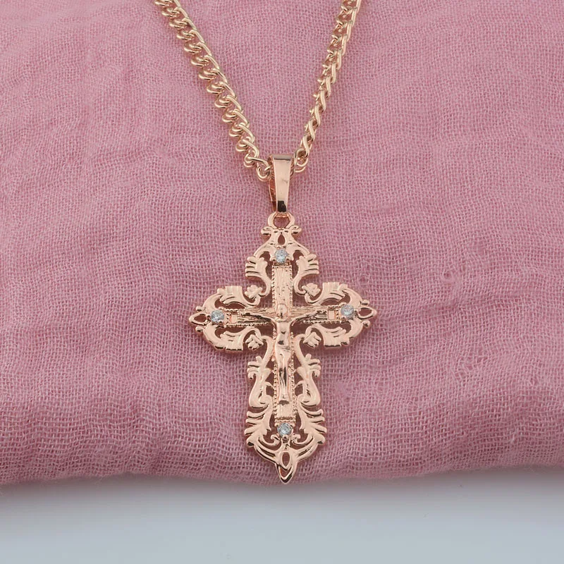 FJ Women New Men Big White Cubic Zircon Cross Pendant 585 Rose Gold Color Chains