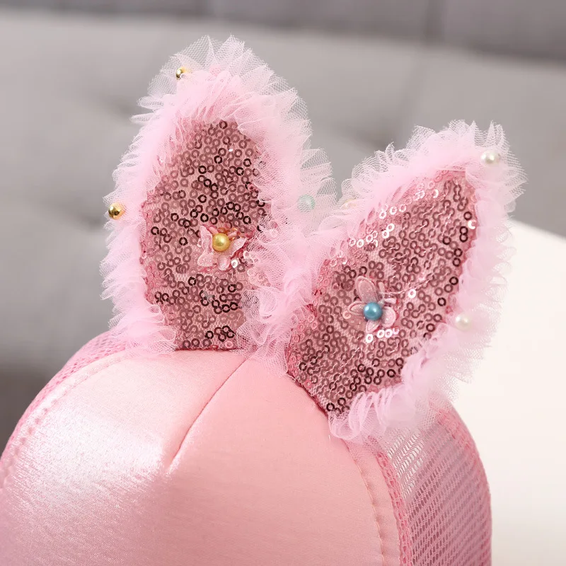 Cute Baby Hat With Ears Cartoon Rabbit Toddler Baseball Cap Sequins Kids Sun Hats Lace Infant Caps Children Accessories 1-3years