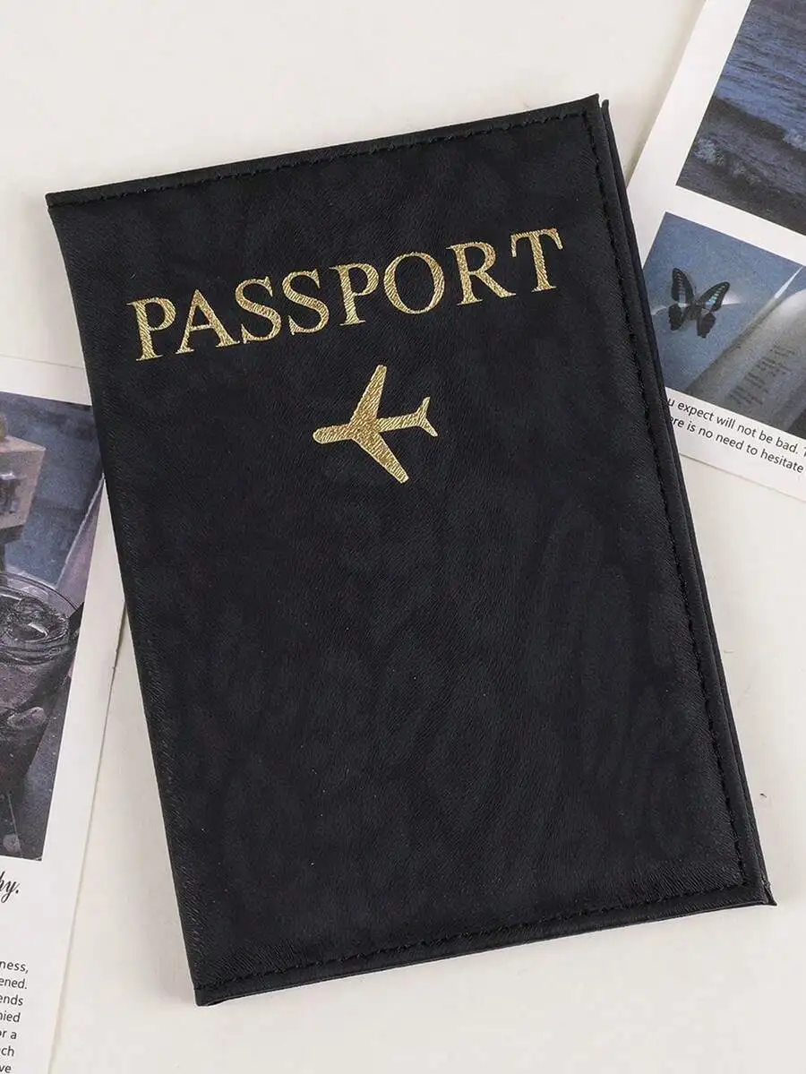 

Black Passport Cover With Gold Airplane Design Travel Wallet Credit Card Holder Document Organizer
