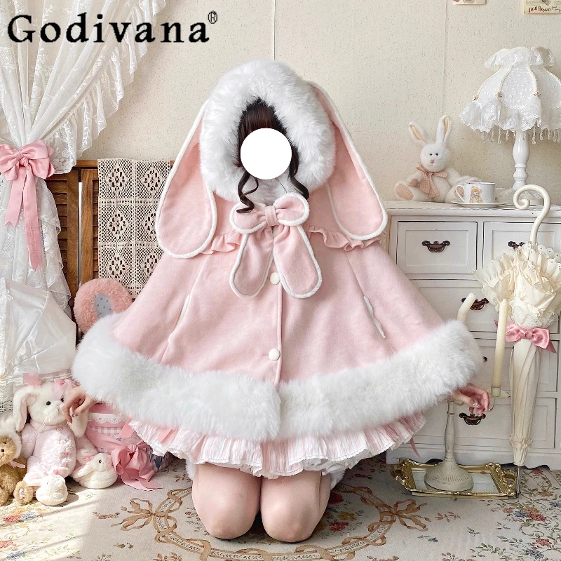 Original Japanese Soft Girls Kawaii Hooded Cloak Autumn Winter New Woman's Cute Bow Plush Thickened Lolita Short Jacket Capes