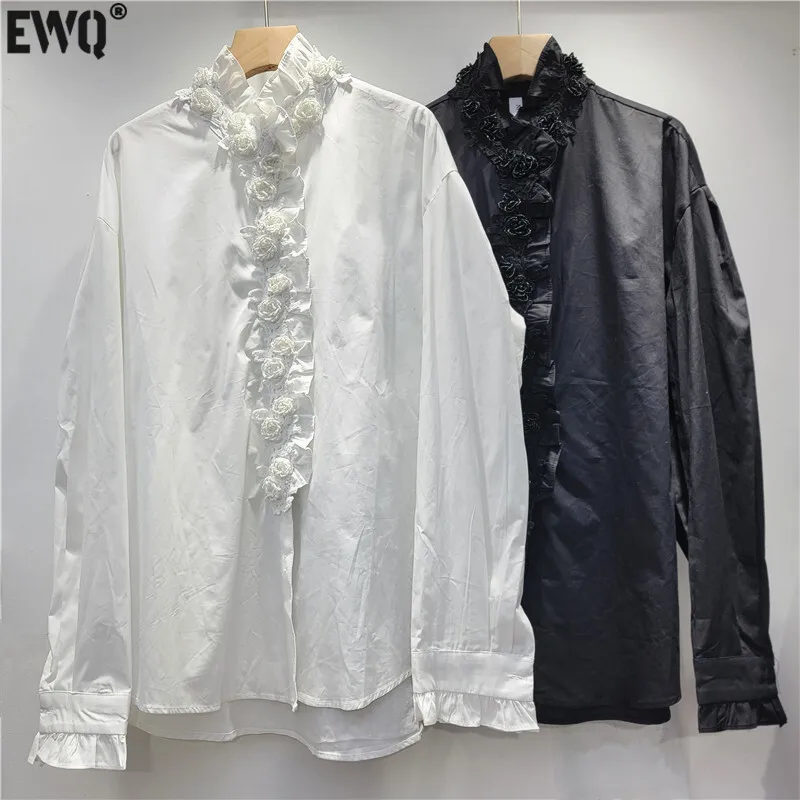 [EWQ] Three Dimensional Flowers Ruffle Design Single Breasted Butterfly Edge Patchwork Long Sleeve Blouse 2025 Spring New16O3877