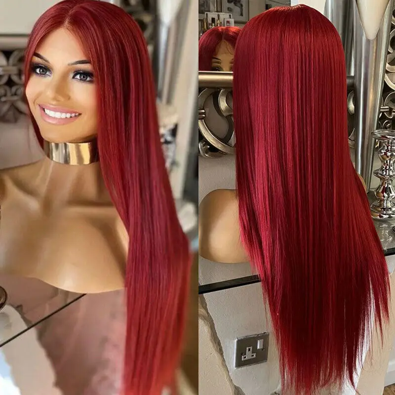 

Women Burgundy Long Straight Glueless T Lace Front Wigs Heat Resistant