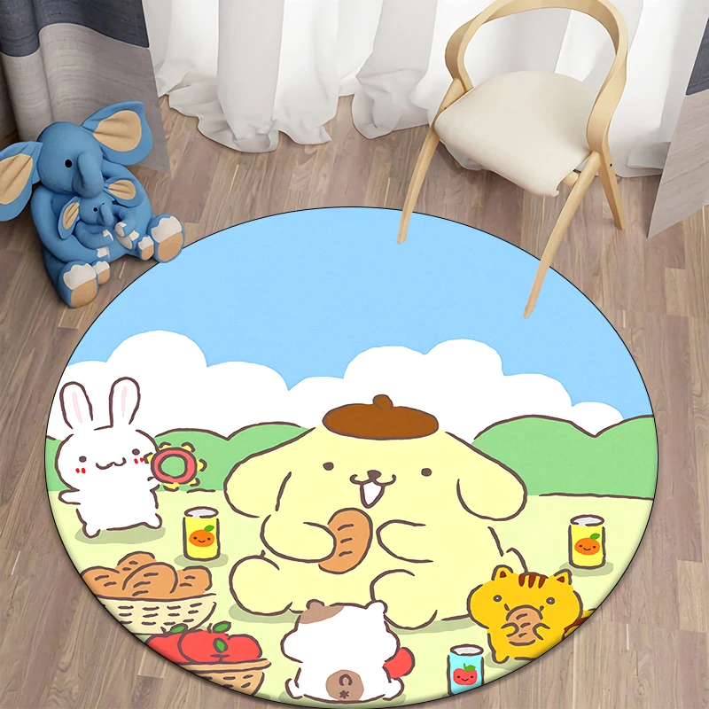 Sanrio Pompompurin Cute Cartoon HD Printed Round Carpet, Bedroom Balcony Entry Door Sofa Seat Non-slip Mat Home Camp Gift Rug