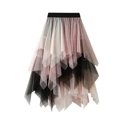 Asymmetrical Ruffles Mesh Tutu Skirt Pink Black Patchwork Muti Layer Tulle Skirts Elastic High Waist Long Midi Skirt For Women