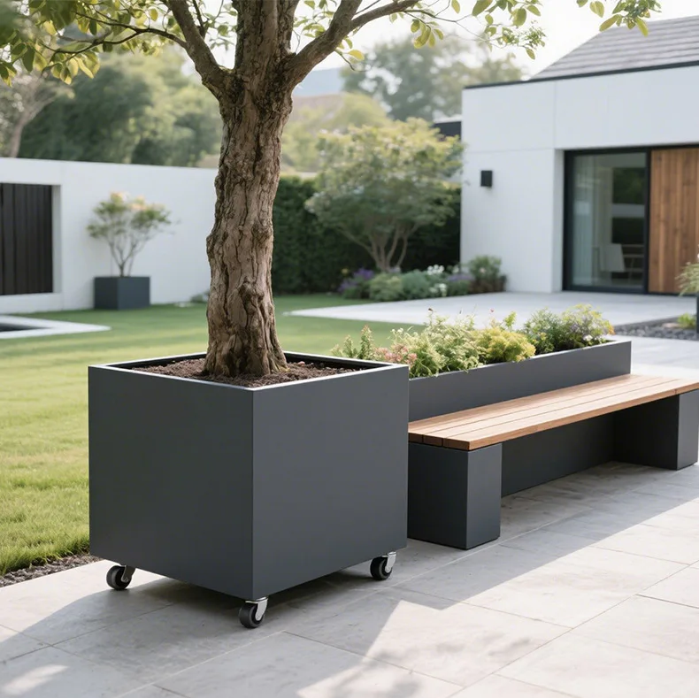 DSA outdoor movable flower box with wheels, stainless steel flower trough, shop external pendulum fence, courtyard wrought iron