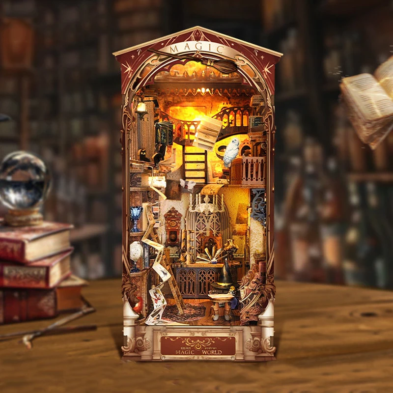 New Magic World DIY Wooden Bookend Kit with LED Light, 3D Puzzle Bookshelf Decor Night Light Birthday Gift for Fans