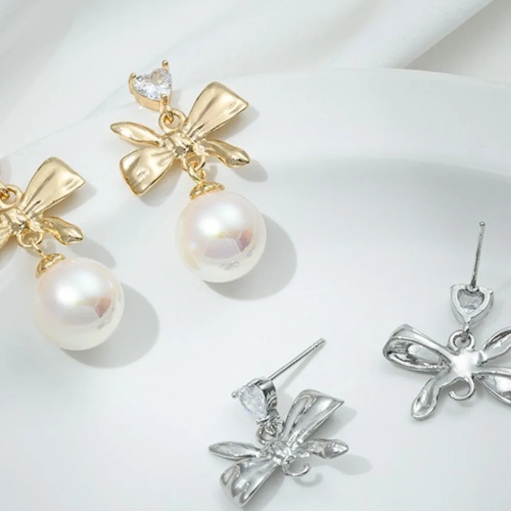 

Медный 14-каратный золотой цвет, персиковое сердце, цирконовый бант с серьгами на подтяжках, ручная работа, сделай сам, липкие жемчужные серьги, аксессуары, материал