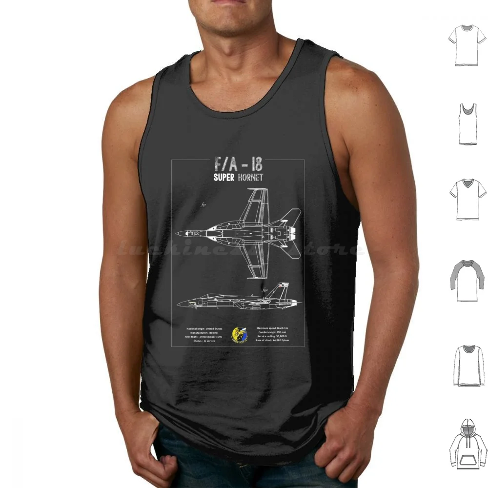 F-18 Super Hornet Blueprint Classic Tank Tops Print Cotton F 18 F18 Super Hornet Fighter Jet Plane Military Blueprint Navy