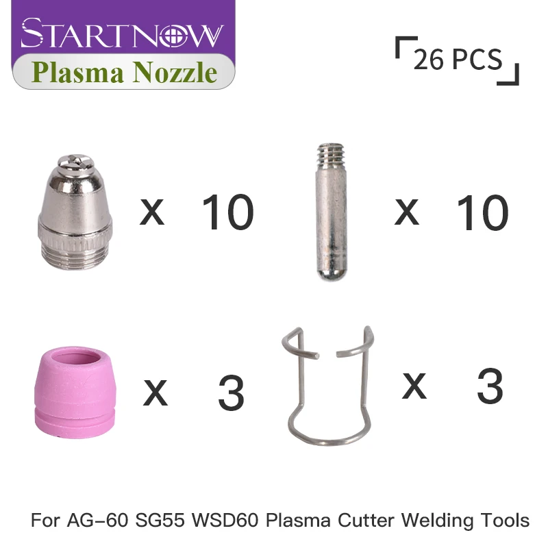 Startnow AG60 26pcs Nozzle Electrode Shield Cups Plasma Kit with Pilot Guide WSD60 SG55 Plasma Cutting Consumables