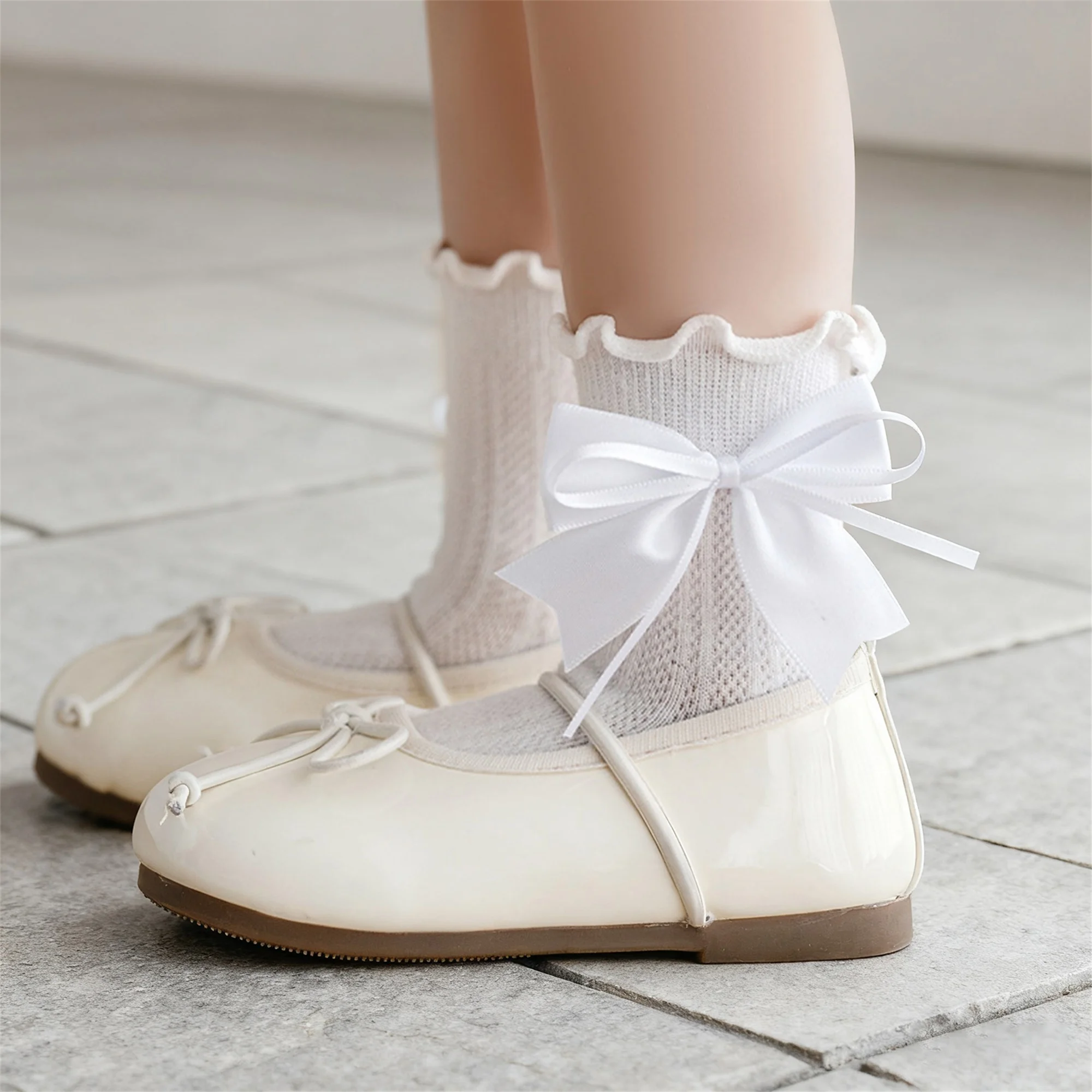 Meias adoráveis até o joelho para meninas com detalhes de laço em cores sólidas – Meias de malha de princesa doce para novidades