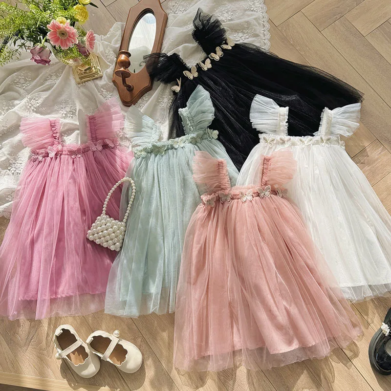 MILANCEL New Summer Kids Sweet Mesh Dress Girls 5 Colors Suspended 3D Butterfly Skirt Children Tutu Princess Dress