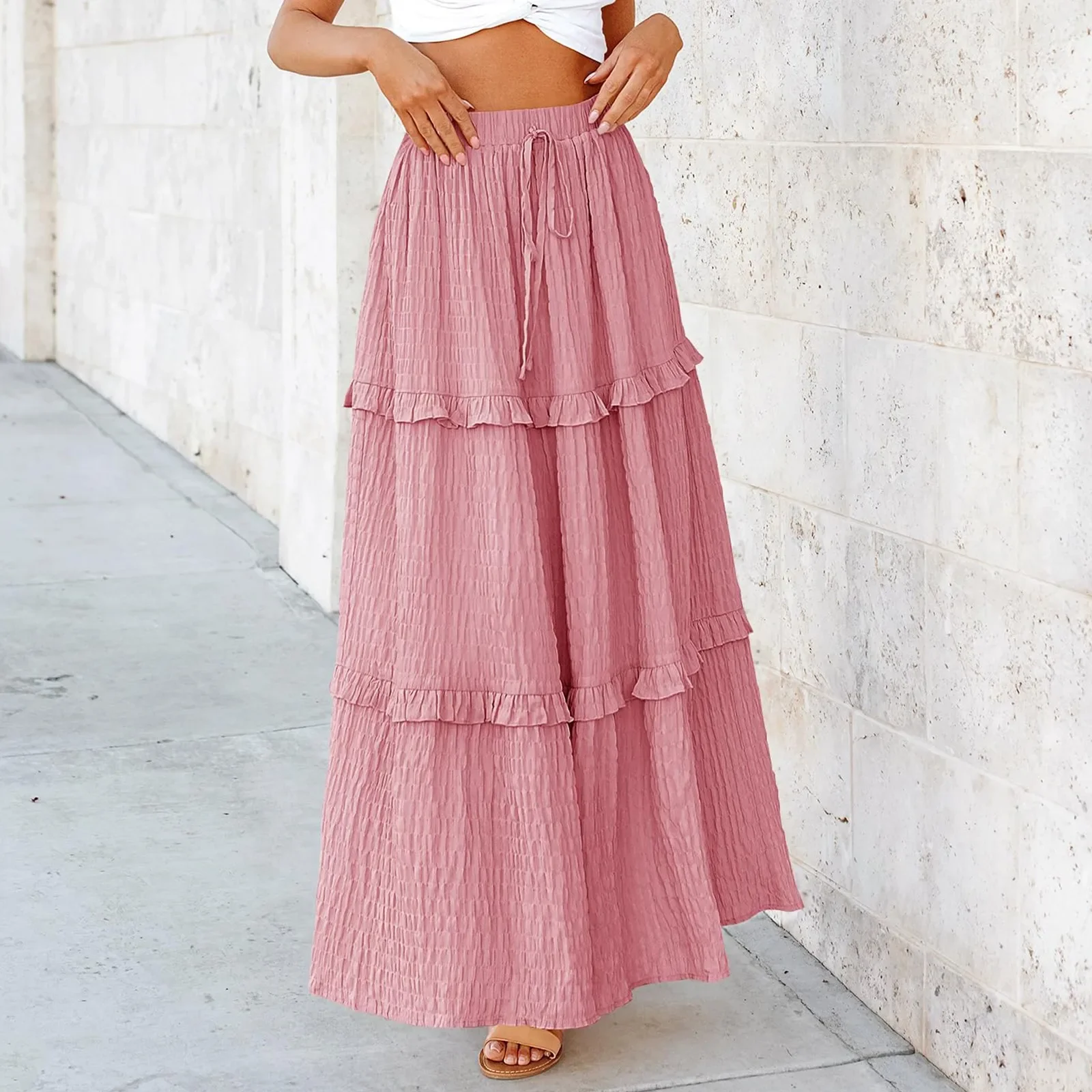 Elegant Midi Skirt Fluffy Cake Skirt Drawstring Waist Cinching Dress Sexy Big Skirt Women Hem Skirt Girl French Style Schoolgirl